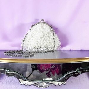 Clear white beaded crystal fringe, vintage purse.